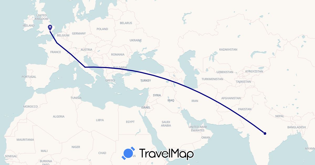 TravelMap itinerary: driving in France, United Kingdom, India, Italy (Asia, Europe)